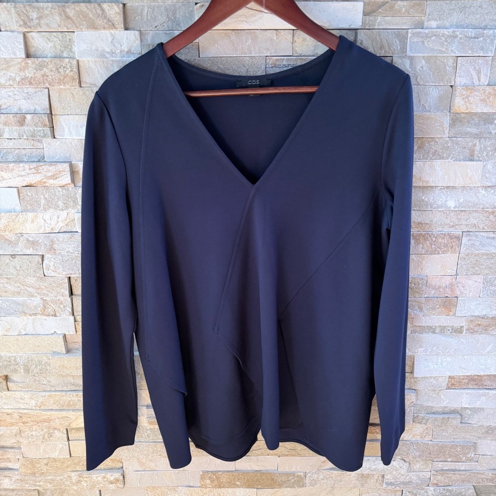 COS Navy Draped V Neck Long Sleeve Top M Asymmetrical Panel Minimalist